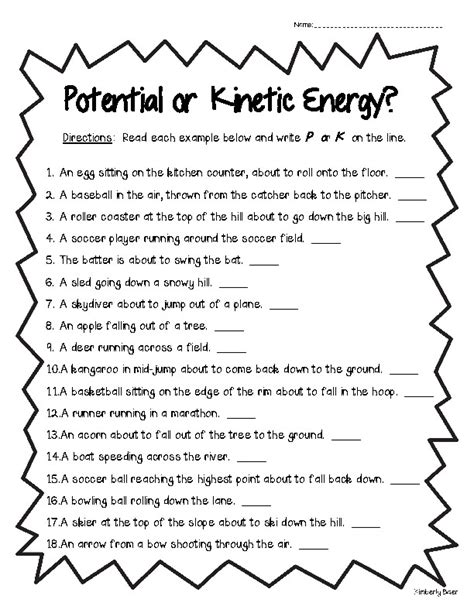 potential and kinetic energy worksheet